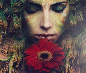 fantasy beautiful woman portrait with flower, composite photo